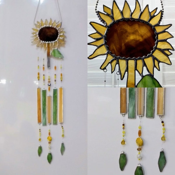 Sunflower with Wind Chimes Stained Glass Hand Crafted Made to Order Beautiful Gift for Anniversary Housewarming Gift