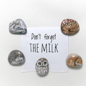 Set of five magnets painted on pebbles, set of fridge magnets with forest animals, hedgehog, owl, wolf, squirrel, fawn