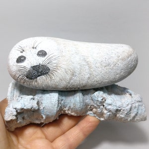 White seal paperweight on ice block, polar seal, Greenland seal, Arctic seal, snow ice seal Christmas, seals collector, paperweight