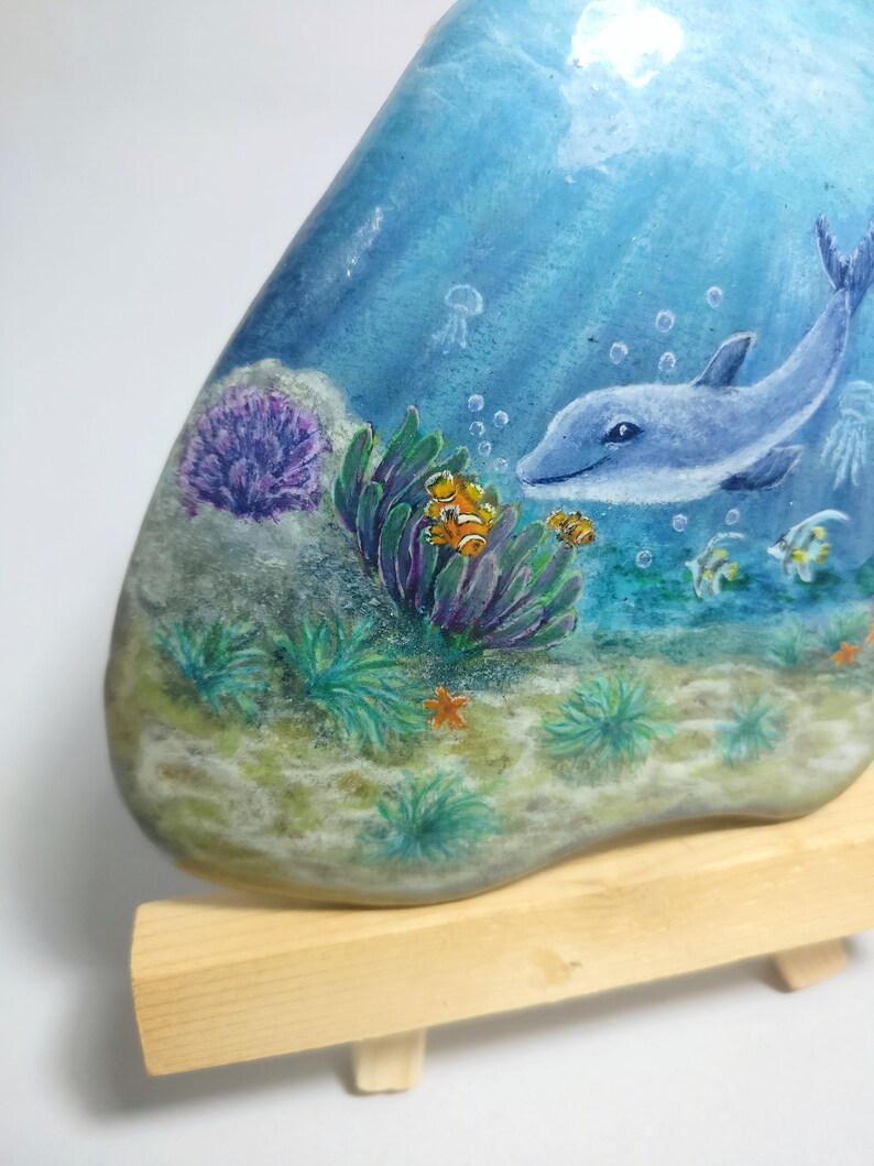 Miniature Canvas, Stone on Easel, Marine Setting Painted on Stone ...