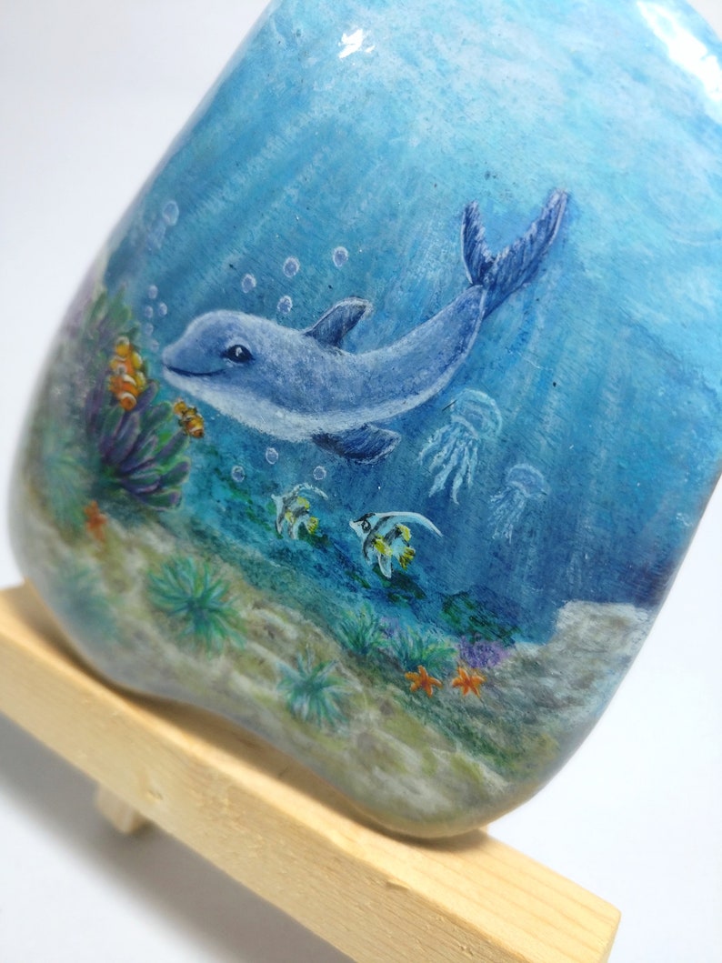 Miniature Canvas, Stone on Easel, Marine Setting Painted on Stone ...