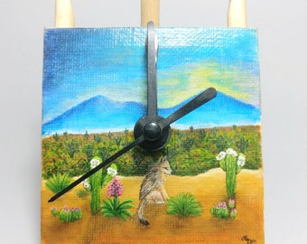 Hand-painted clock, natural landscape of desert and cactus with coyote, canvas clock with easel