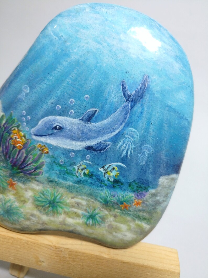 Miniature Canvas, Stone on Easel, Marine Setting Painted on Stone ...