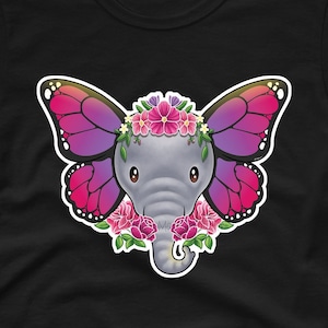 象の蝶のTシャツ - 花がかわいくてかわいい - 女の子のTシャツ、女性のTシャツ - 動物、自然愛好家に楽しいギフト - 子供、女性、男性のサイズ