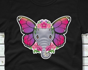 Elephant Butterfly Flowers Cute T-Shirt - Kids Ladies Mens Sizes