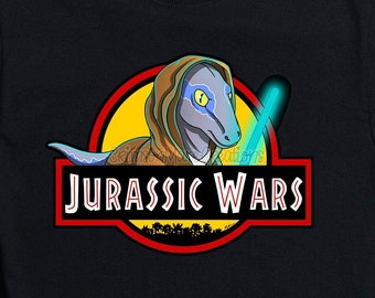 Jurassic Wars Jedi T-Shirt, Hand-Drawn StarWars Dinosaur Crossover Raptor, Funny Prehistoric Dino Lover Gift