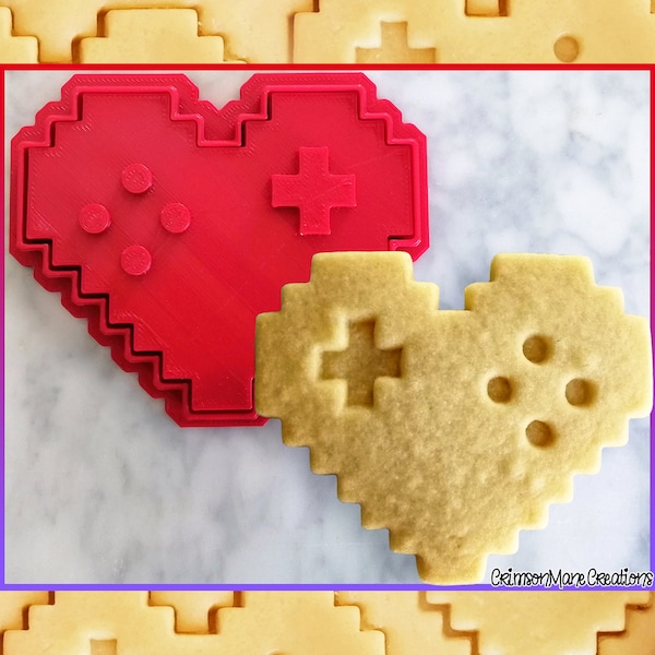 Gamer Heart Controller Cookie Cutter - Geek Gaming Party - Nintendo - 8 Bit Pixels - 3D Printed Fondant Tool - Biscuit Baking Supplies Stamp