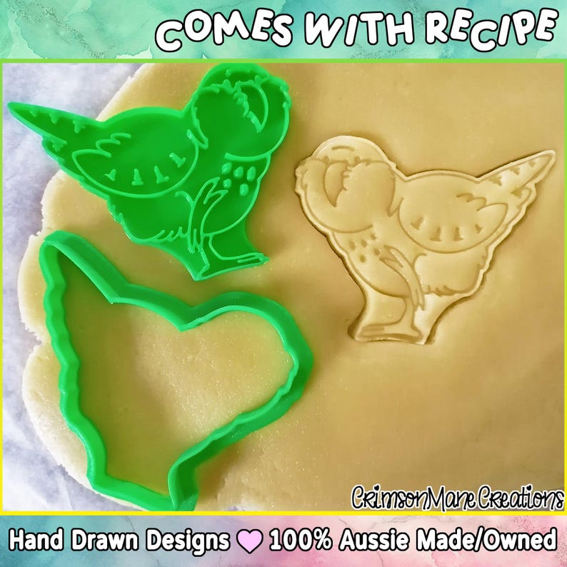 May include: Green plastic bird-shaped cookie cutters and a cookie stamped with the bird design. The image includes the text "COMES WITH RECIPE" and "Hand Drawn Designs 100% Aussie Made/Owned".