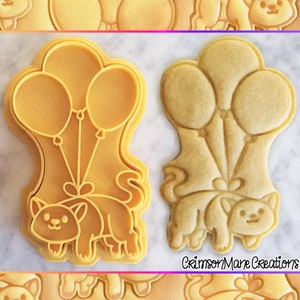 Birthday Cat Cookie Cutter - Balloon Kitty - Kids Birthday Party Baking Supplies - Cute Animals - 3D Printed - Ceramic Stamp - Fondant Tool