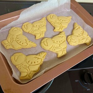 May include: Six golden-brown, owl-shaped cookies on parchment paper in a rose-gold baking pan. The cookies have detailed impressions of feathers and facial features. The pan sits on a black stovetop.