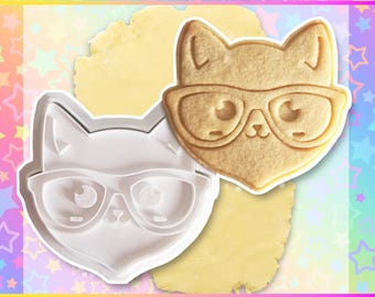Cat Geek Cookie Cutter, Hand-Drawn 3D Printed Kitten Baking Supplies, Fondant Tool Stamp