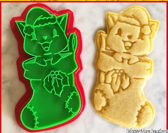 Cat Christmas Cookie Cutter, Hand-Drawn 3D Printed Kitten Stocking Baking Supplies, Fondant Tool Stamp