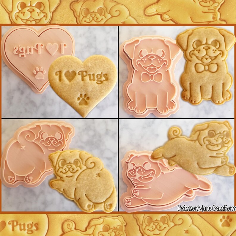 May include: A set of six cookie cutters featuring pug dog designs. The cutters are made of pink plastic and include a heart-shaped cutter with the text "I love Pugs" and a standing pug cutter with a bow tie.