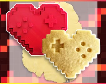 Gamer Life Heart Cookie Cutter, Hand-Drawn 3D Printed Pixel Retro 8-Bit Baking Supplies, Fondant