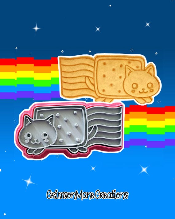 Nyan Cat Cookie Cutter: Hand-Drawn 3D Printed Rainbow Kitty Meme Baking Supplies, Fondant Tool