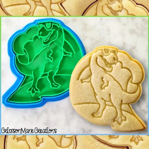 T Rex Cookie Cutter - Dinosaur Surfing Cute Tyrannosaur - 3D Printed - Fondant Tool - Kids Birthday Biscuit Baking Supplies  - Ceramic Stamp