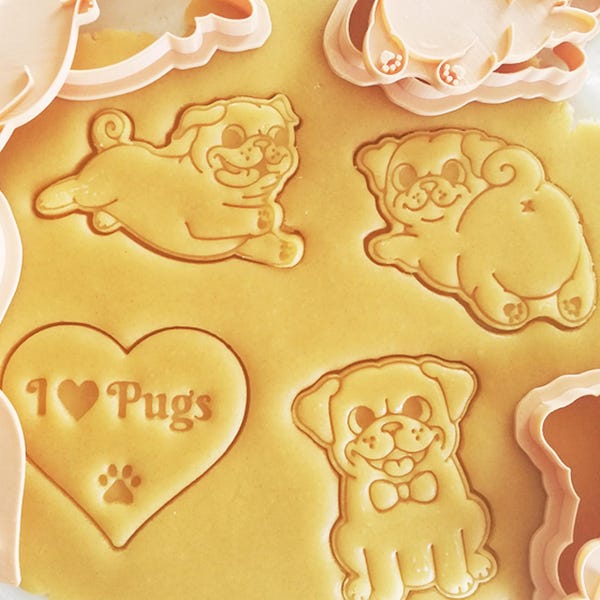 Pug Dog Cookie Cutter Set, Hand-Drawn 3D Printed Dog Breeds Baking Supplies, Fondant Tool