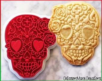 Sugar Skull Cookie Cutter - De Los Muertos - Day of the Dead Roses - 3D Printed - Fondant Tool - Baking Supplies - Ceramics Craft Stamp