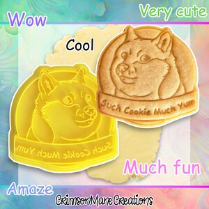 May include: A yellow plastic cookie cutter and a baked cookie, both featuring a dog face design with the text "Such Cookie Much Yum". The image also includes the text "Wow", "Cool", "Amaze", "Very cute", and "Much fun".