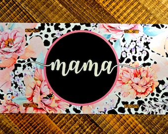 Mama Floral and Leopard Print License Plate