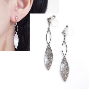 Leaf clip on earrings, silver clip on earrings, clip on dangle earrings, non pierced earrings, leaves invisible clip on earrings