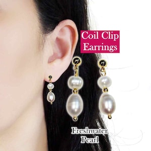 Dangle Freshwater Pearls Gold Clip On Earrings For Women, Silicon Pad Back Comfortable Non Pierced Earrings, White Pearl Coil Clip Earrings