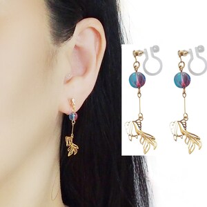 Goldfish Invisible Clip-on Earrings, Dangle Blue Ball Clip On Earrings, Pretty Gold Fish Clip Earrings , Non Pierced Earrings