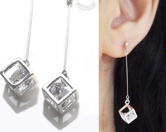 Cz clip on earrings dangle silver clip on earrings cubic zirconia invisible clip on earrings modern crystal cube non pierced clip earrings