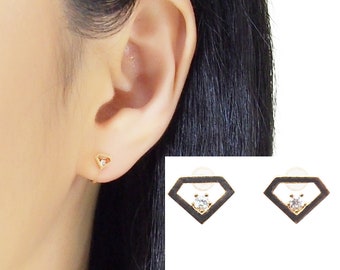 Diamond shape Invisible Clip On Earrings Gold. CZ Crystal Clip On Earrings stud. Cubic Zirconia Clip Earrings, Non Pierced Earrings