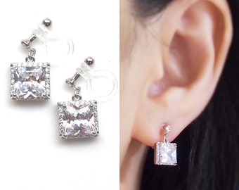 Bridal crystal clip on earrings, wedding cz invisible clip on earrings dangle, non pierced earrings, cubic zirconia clip on earrings