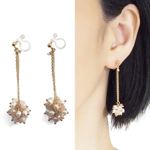 Clip de perla de agua dulce blanca en pendientes, clip invisible en pendientes, clip en pendientes colgantes, clip de perla en pendientes, novia, boda, oro