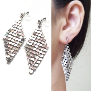 Pendientes colgantes de plata con clip, pendientes invisibles con malla metálica, pendientes con flecos colgantes, pendientes sin perforar, pendientes con clip cómodos