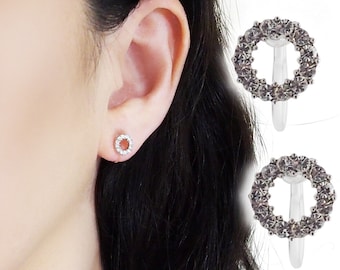 Pendientes de clip de cristal, círculo abierto invisible, pendientes de clip, pendientes de clip de cristal redondo plateado, clip de pavé de cristal en pendiente
