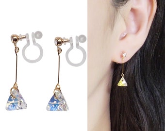 Pendientes de clip con cristales de Swarovski, pendientes de clip invisibles con cristales triangulares AB, pendientes sin perforar, pendientes de clip con diamantes de imitación colgantes.