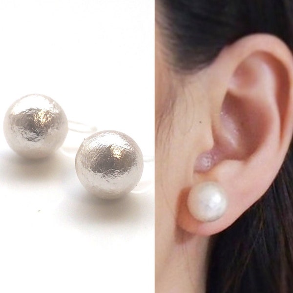 Cotton pearl clip on earrings,pearl invisible clip on earrings,non pierced,bridal white pearl clip on earrings stud,wedding clip on earrings