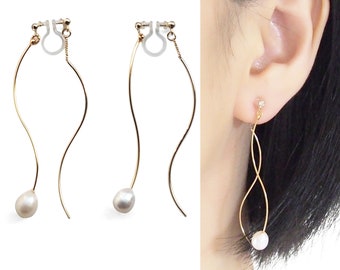 Pendientes colgantes con clip invisible de perlas de agua dulce de doble cara. Pendientes de clip largos con barra de ondas doradas, pendientes sin perforar