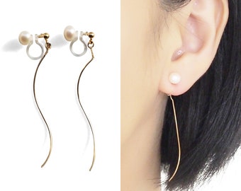 Clip de perla blanca en pendientes, clip invisible de perla de agua dulce en pendientes, clip de barra de oro de doble cara en pendientes, pendientes no perforados