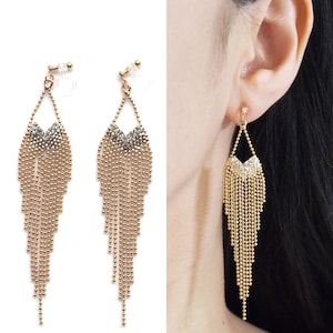 Fringe invisible clip on earrings, dangle gold chandelier clip on earrings, non pierced earrings, long rhinestone crystal clip on earrings