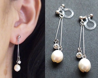 White freshwater pearl clip on earrings, pearl clip on earrings dangle, wedding silver non pierced earrings, bridal pearl clip on earrings