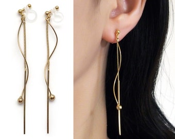 Gold clip on earrings,dangle wave bar invisible clip on earrings,gold stick clip on earrings,drop clip on earrings,non pierced earrings