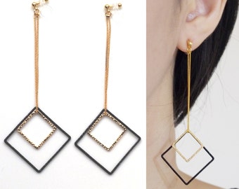 Clip on earrings,dangle hoop invisible clip on earrings,gold clip on hoop earrings,black square clip on earrings,hoops long clip on earrings