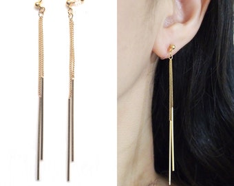 Dangle Bar Invisible Clip On Earrings, Dangle Gold Threader Chain Clip On Earrings, Minimal Clip Earrings, Non Pierced Earrings, Gift for He