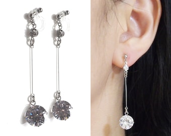 Bridal Cubic Zirconia Clip Earrings, Wedding CZ Invisible Clip on Earrings,Comfortable Dangle Crystal Clip on Earrings, Non Pierced Earrings