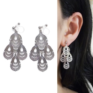 Silber filigrane unsichtbare Ohrclips baumeln. Boho Spitzenclip an Ohrringen. elegante Chandelier Ohrclips, nicht durchbohrte Ohrringe