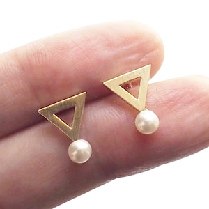 Gold earrings, Triangle Earrings, Simple stud earrings, Minimalist Earrings, White pearl earrings, Dainty studs, Sterling silver earrings