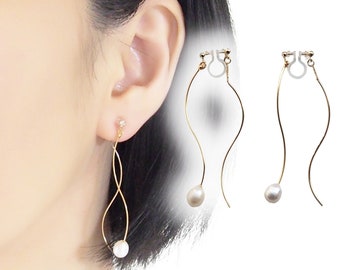 Pendientes de clip de oro de doble cara, pendientes de clip invisibles de perla de agua dulce blanca, pendientes de clip colgantes, pendientes de clip de perla