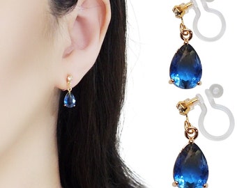 Crystal clip on earrings,dangle blue crystal invisible clip on earrings,crystal tiny teardrop clip on earrings,drop gold clip on earrings