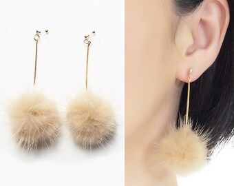 Fur Ball Clip On,Pom Pom Earrings,Puffs Fur Clip On,Non Pierced Earrings,Black Pearl Clip On,Fur Ball Earrngs,Black White Earrings