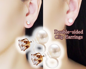 Pendientes de clip invisibles de perlas de agua dulce Pendientes de clip de cristal de doble cara Pendientes no perforados Pendientes de clip de diamantes de imitación de oro