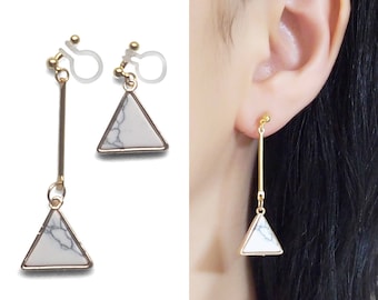 Triangle Stone Invisible Clip On Earrings Dangle, Long Asymmetric White Marble Clip On Earrings, Modern Clip Earrings, Non Pierced Earrings